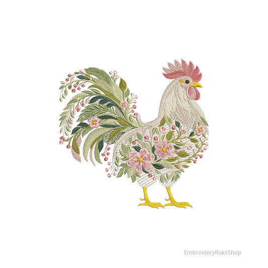 Floral Rooster Machine Embroidery Design, Rooster Pattern Spring Cottagecore Style PES, Cockerel Embroidery for Farmhouse Decor, Rooster DST