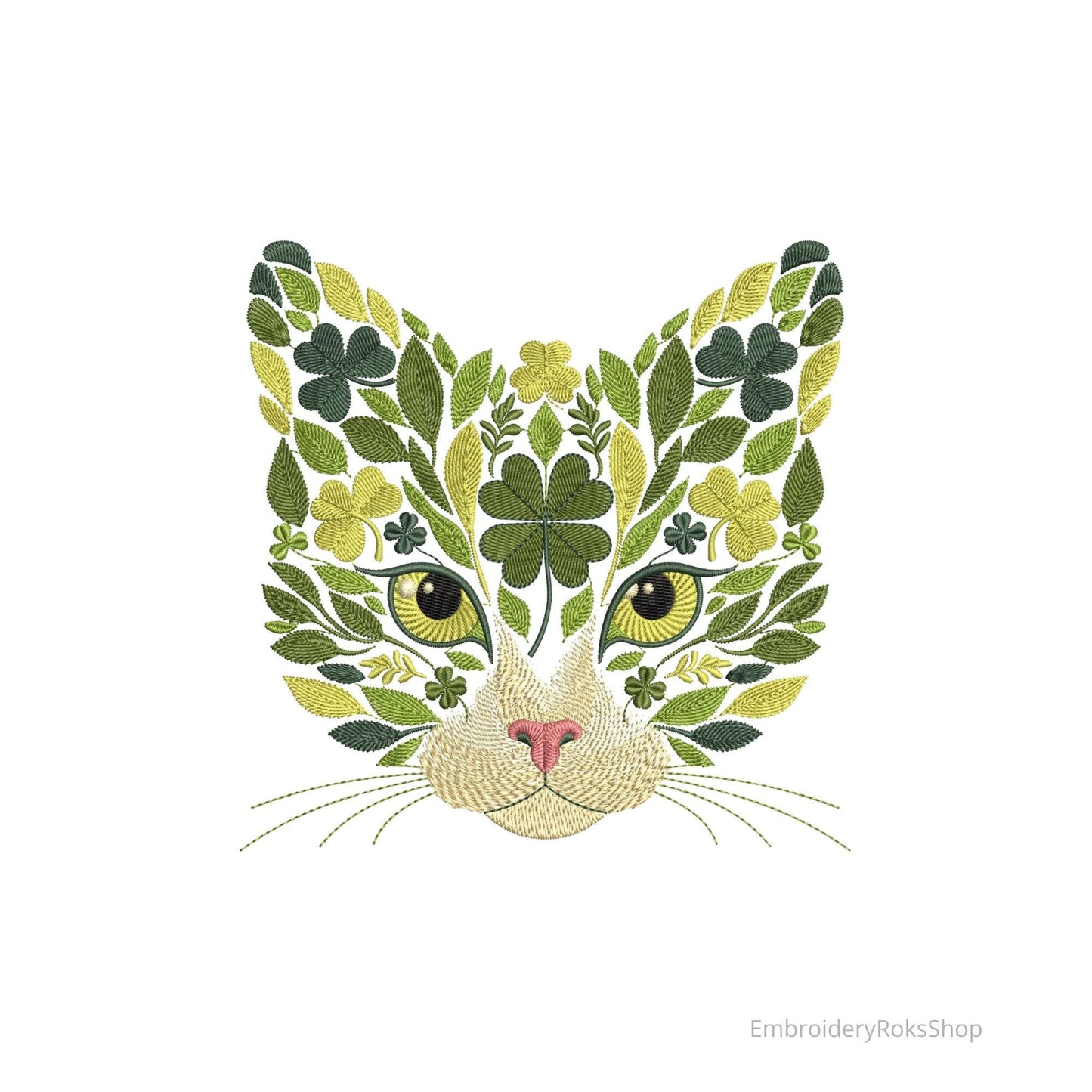 Floral Cat Embroidery Design – Floral Cat Face Machine Embroidery Pattern – St Patricks Day Cat, Lucky Clover Cat Embroidery Download PES