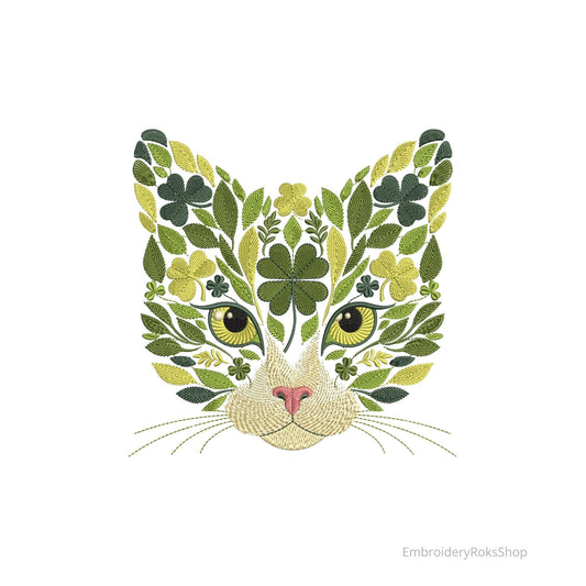 Floral Cat Embroidery Design – Floral Cat Face Machine Embroidery Pattern – St Patricks Day Cat, Lucky Clover Cat Embroidery Download PES