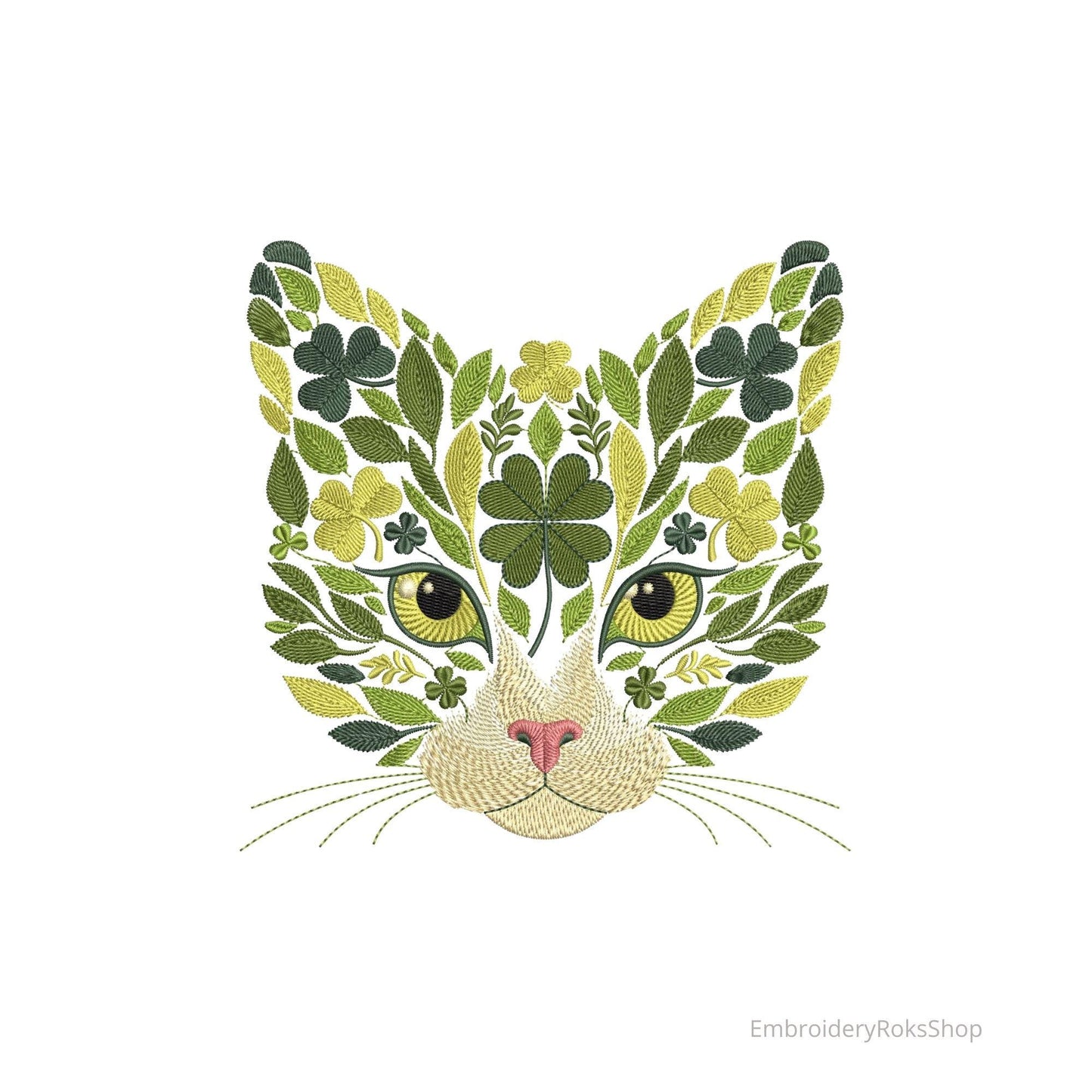 Clover Cat Embroidery Design – Floral Cat Face Machine Embroidery Pattern – St Patricks Day Cat, Lucky Clover Cat Embroidery Download PES