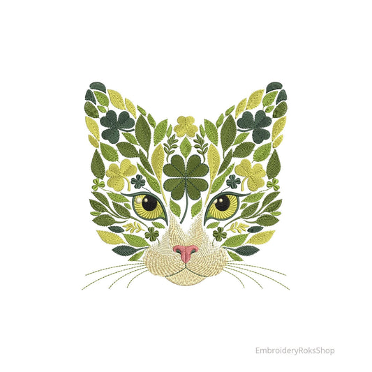 Clover Cat Embroidery Design – Floral Cat Face Machine Embroidery Pattern – St Patricks Day Cat, Lucky Clover Cat Embroidery Download PES