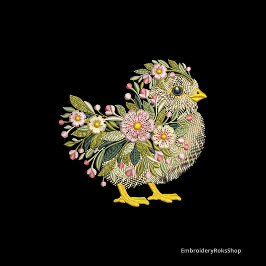 Spring Floral Chick Embroidery Design, Easter Chicken Machine Embroidery, Pattern Farm Bird Flowers Instant Download, Chick PES, DST, JEF