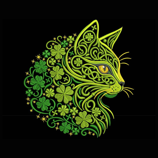 Celtic Green Cat Embroidery Design – Shamrock Floral Machine Embroidery Pattern – St Patrick Cat Art – Instant Download, Cat PES, DST, JEF