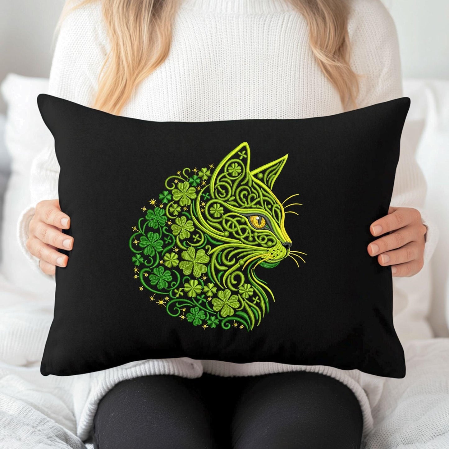 Celtic Green Cat Embroidery Design – Shamrock Floral Machine Embroidery Pattern – St Patrick Cat Art – Instant Download, Cat PES, DST, JEF