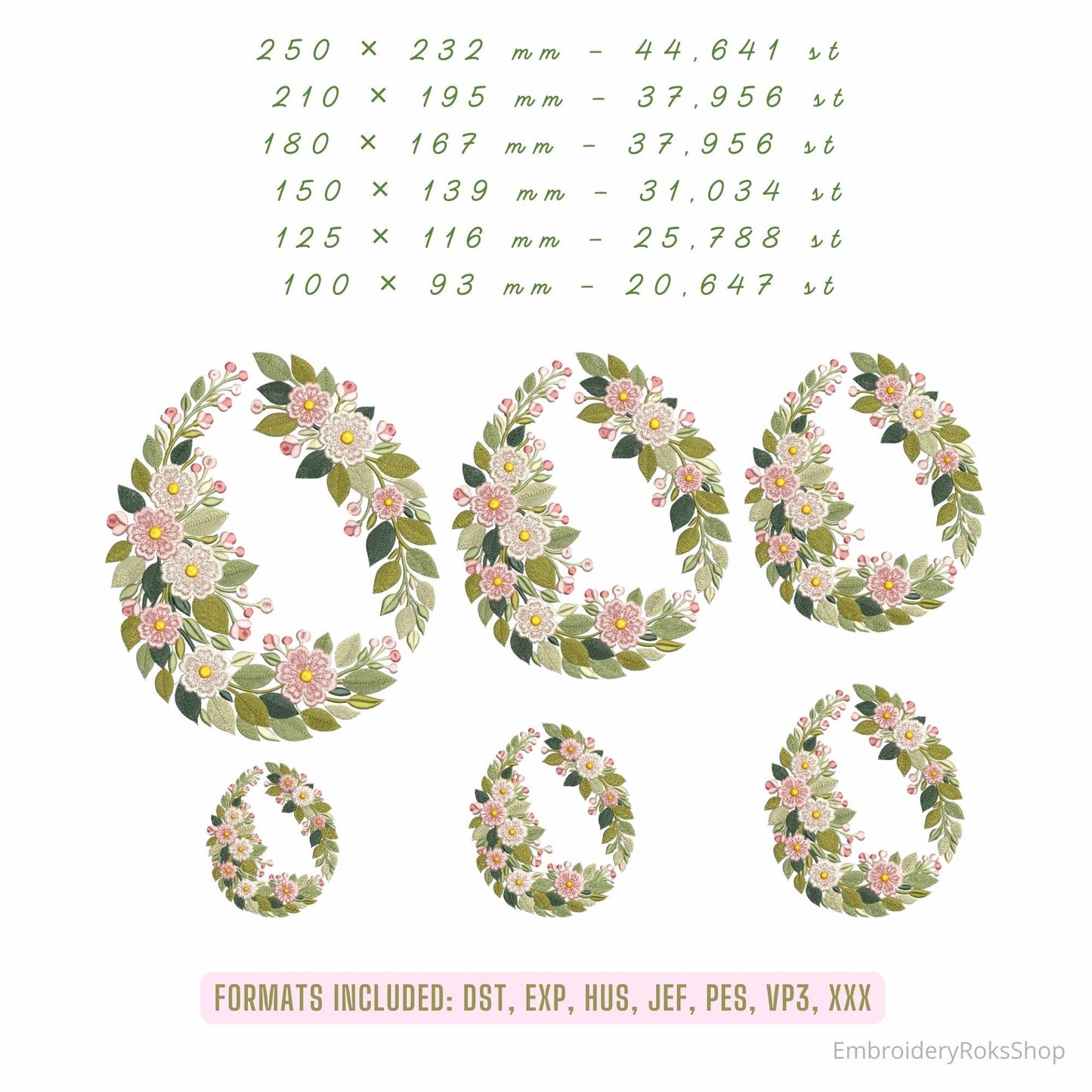 Floral Spring Egg Embroidery Design – Elegant Easter Wreath Egg – Machine Embroidery File, Easter Egg Embroidery Design PES, DST, JEF, vp3