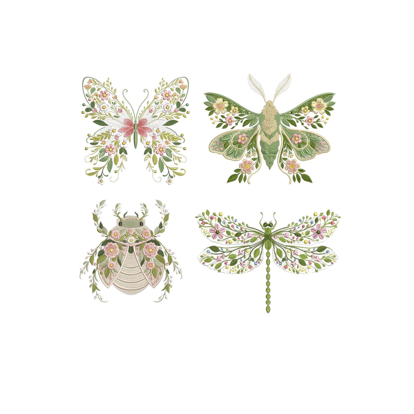 Floral Insect Embroidery Design Bundle, Butterfly Dragonfly Moth Scarab Embroidery Files, Botanical Machine Embroidery Set PES DST JEF VP3