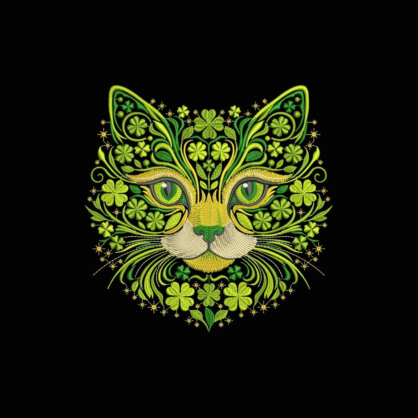 Lucky Clover Cat Embroidery Design Floral Green Cat Face Machine Embroidery Pattern St Patrick Ornament Digital File, Cat PES DST JEF VP3
