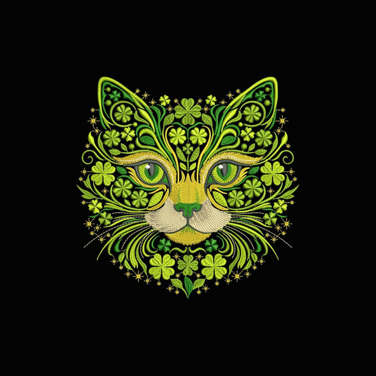 Lucky Clover Cat Embroidery Design Floral Green Cat Face Machine Embroidery Pattern St Patrick Ornament Digital File, Cat PES DST JEF VP3