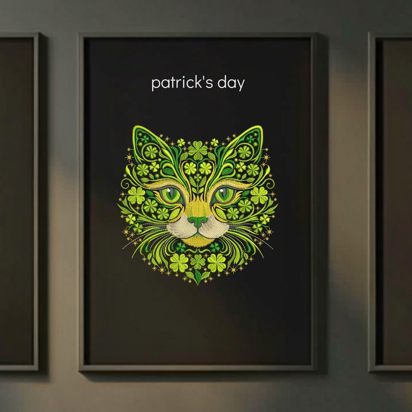 Lucky Clover Cat Embroidery Design Floral Green Cat Face Machine Embroidery Pattern St Patrick Ornament Digital File, Cat PES DST JEF VP3