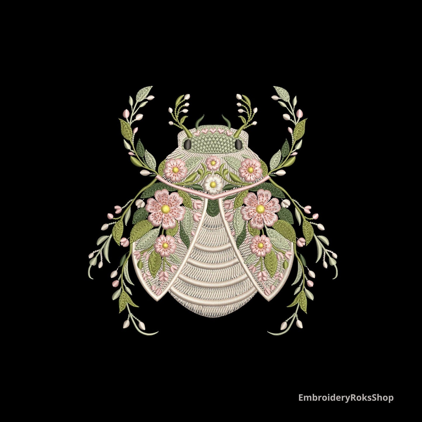 Floral Scarab Beetle Embroidery Design – Botanical Bug Machine Embroidery Pattern – Nature Flower Beetle – Garden Insect Embroidery File PES