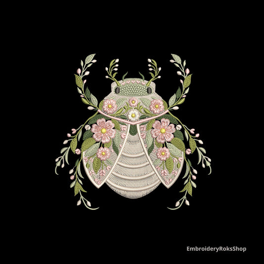 Floral Scarab Beetle Embroidery Design – Botanical Bug Machine Embroidery Pattern – Nature Flower Beetle – Garden Insect Embroidery File PES
