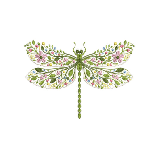 Floral Dragonfly Machine Embroidery Design, Botanical Dragonfly Embroidery File PES DST, Garden Insect Embroidery Pattern, Nature Embroidery