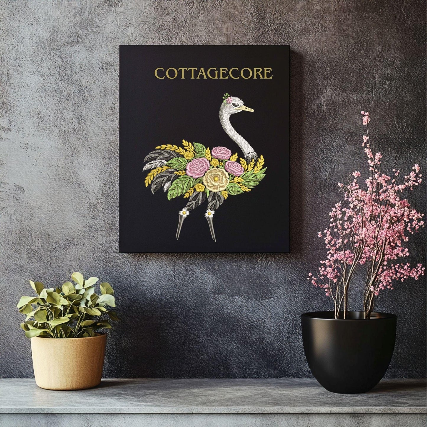Floral Ostrich Embroidery Design, Botanical Bird Machine Embroidery File, Elegant Nature Pattern, Ostrich Embroidery PES DST JEF Vp3 File