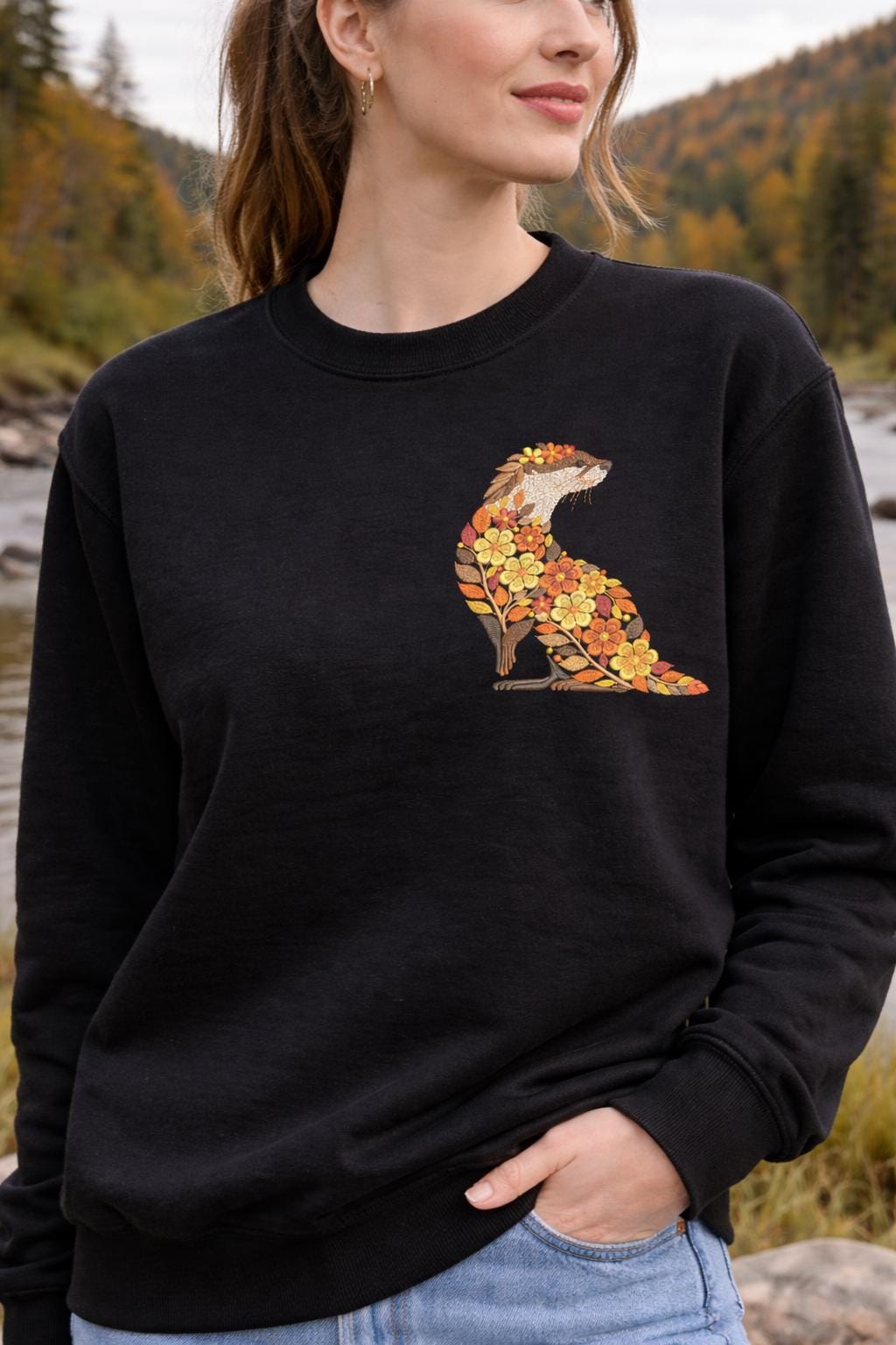 Otter Embroidery Design PES, Floral Animal Machine Embroidery File, Woodland Otter Embroidery Pattern, Autumn Embroider, Instant Download
