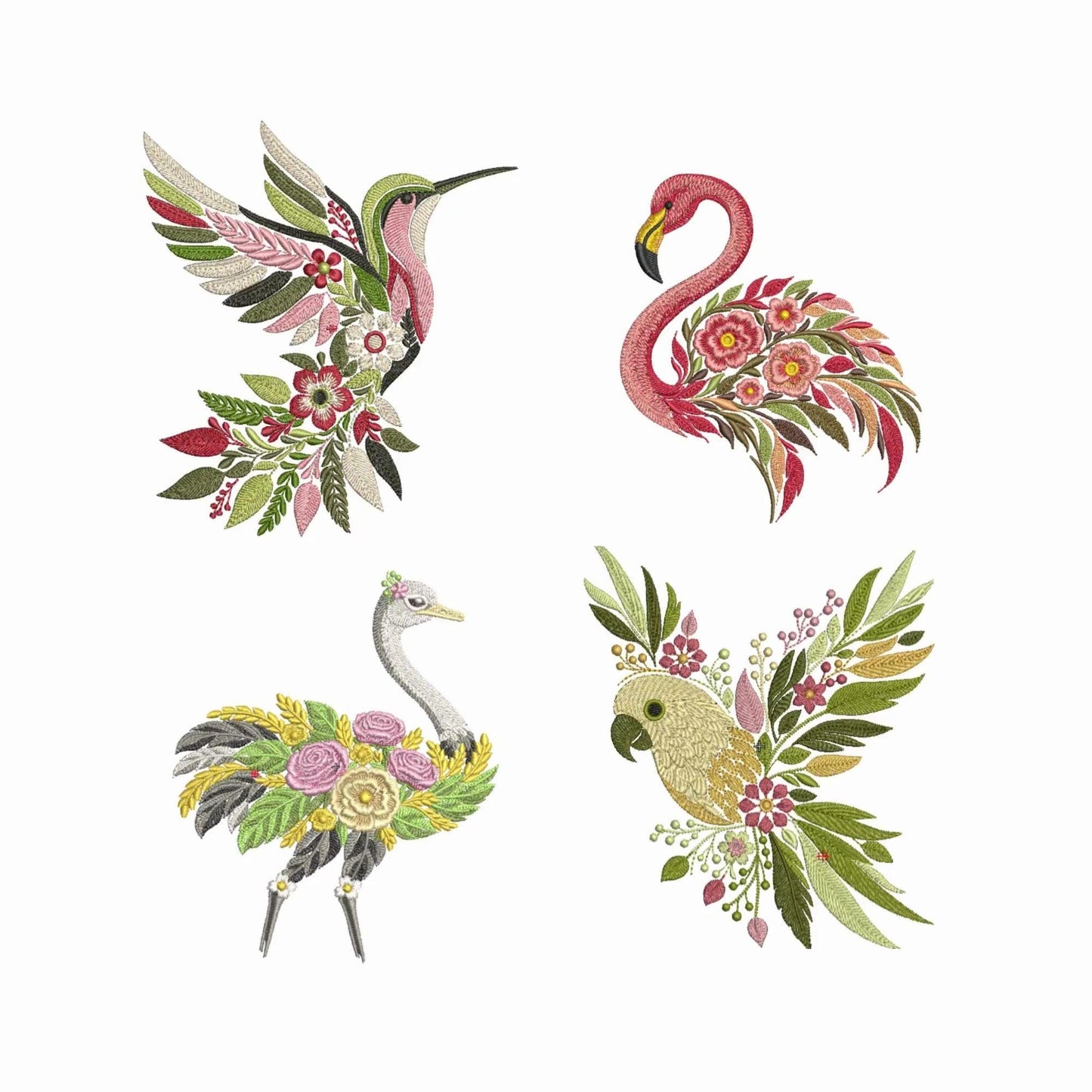 Hummingbird Parrot Flamingo Ostrich Embroidery Design Bundle Floral Bird Machine Embroidery Files PES DST JEF Instant Download