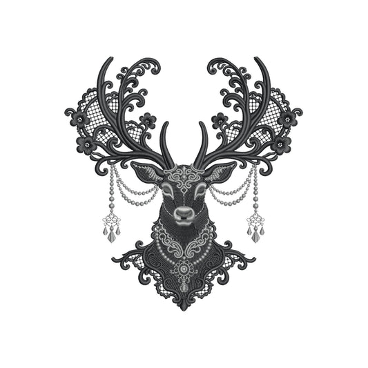 Baroque Gothic Deer Machine Embroidery Design, Stag with Lace Beads, 4х4 Hoop, Digital Download for Clothing Home Decor Gifts, Dark Academia