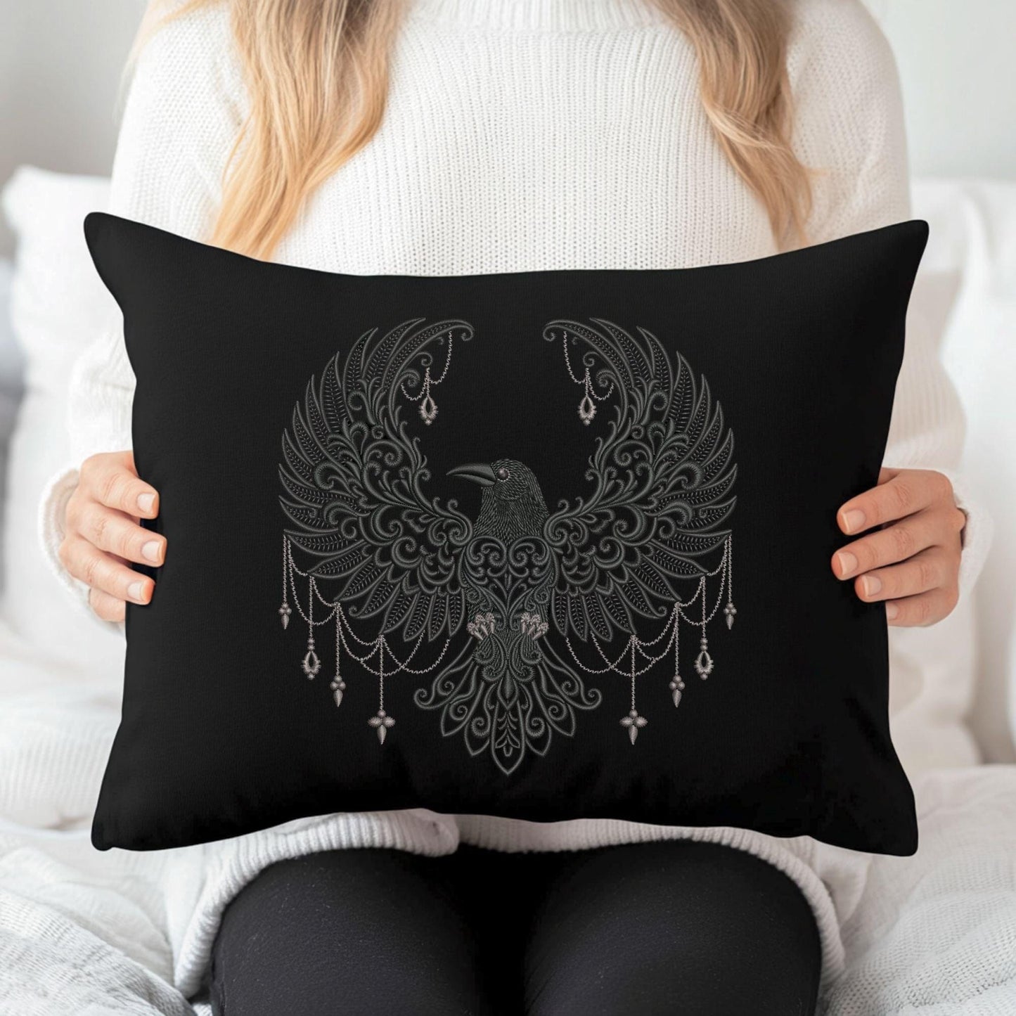 Gothic Baroque Raven Machine Embroidery Design - Intricate Black and Gold Raven Embroidery for Apparel, Home Decor and More, Bird Embroidery
