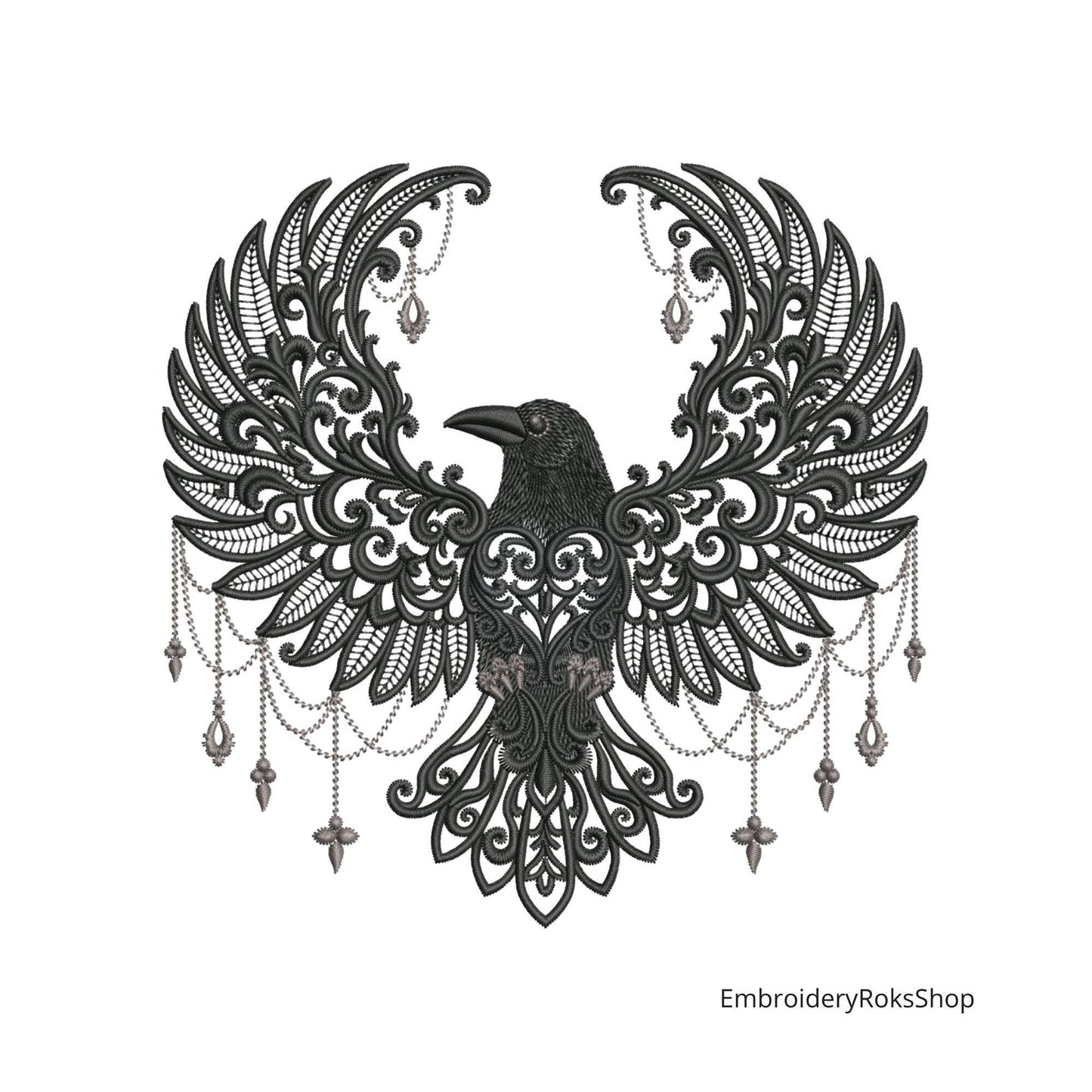 Gothic Baroque Raven Machine Embroidery Design - Intricate Black and Gold Raven Embroidery for Apparel, Home Decor and More, Bird Embroidery