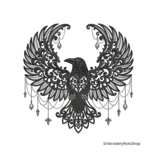 Gothic Baroque Raven Machine Embroidery Design - Intricate Black and Gold Raven Embroidery for Apparel, Home Decor and More, Bird Embroidery