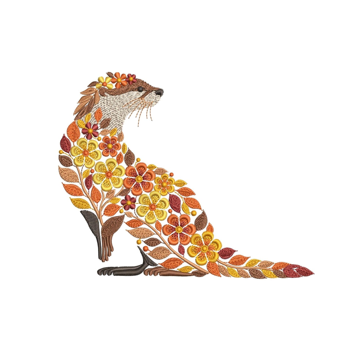 Otter Embroidery Design PES, Floral Animal Machine Embroidery File, Woodland Otter Embroidery Pattern, Autumn Embroider, Instant Download