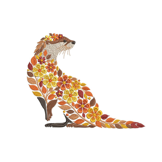 Otter Embroidery Design PES, Floral Animal Machine Embroidery File, Woodland Otter Embroidery Pattern, Autumn Embroider, Instant Download