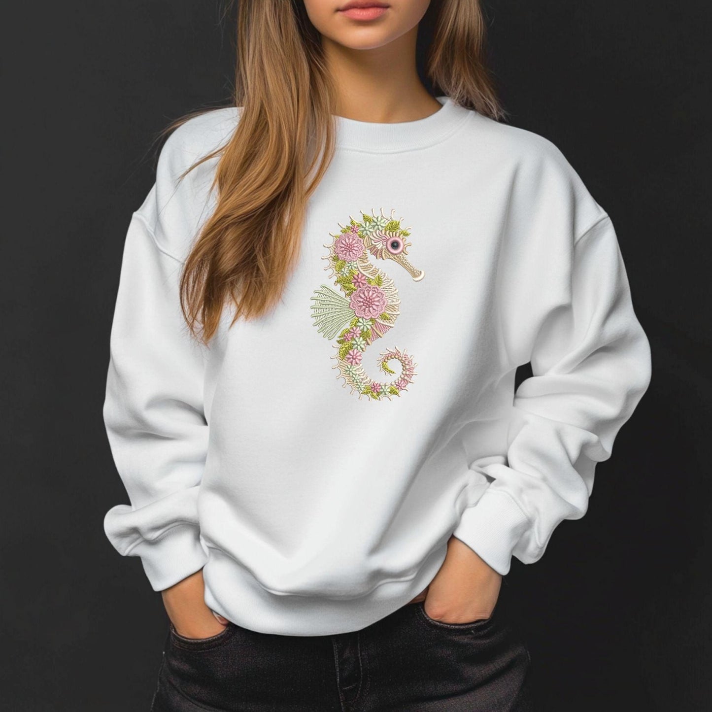 Floral Seahorse Embroidery Design, Ocean Machine Embroidery File, Nautical Sea Horse Pattern PES DST JEF, Summer Beach Art Instant Download