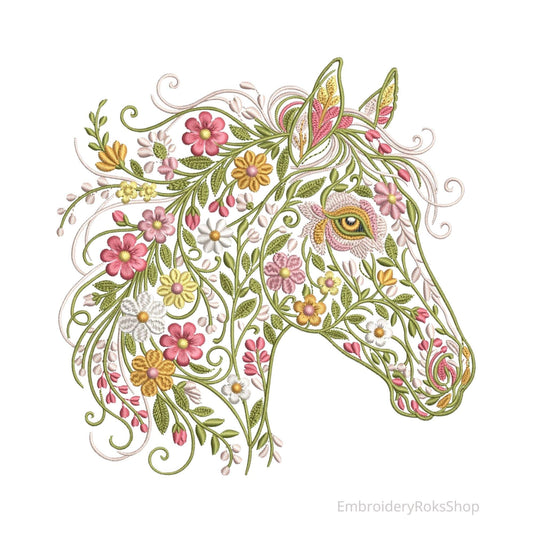Floral Horse Embroidery Design, Flower Horse Machine Embroidery File, Animal Embroidery, Equestrian Gift Decor, Cottagecore Farm Embroidery