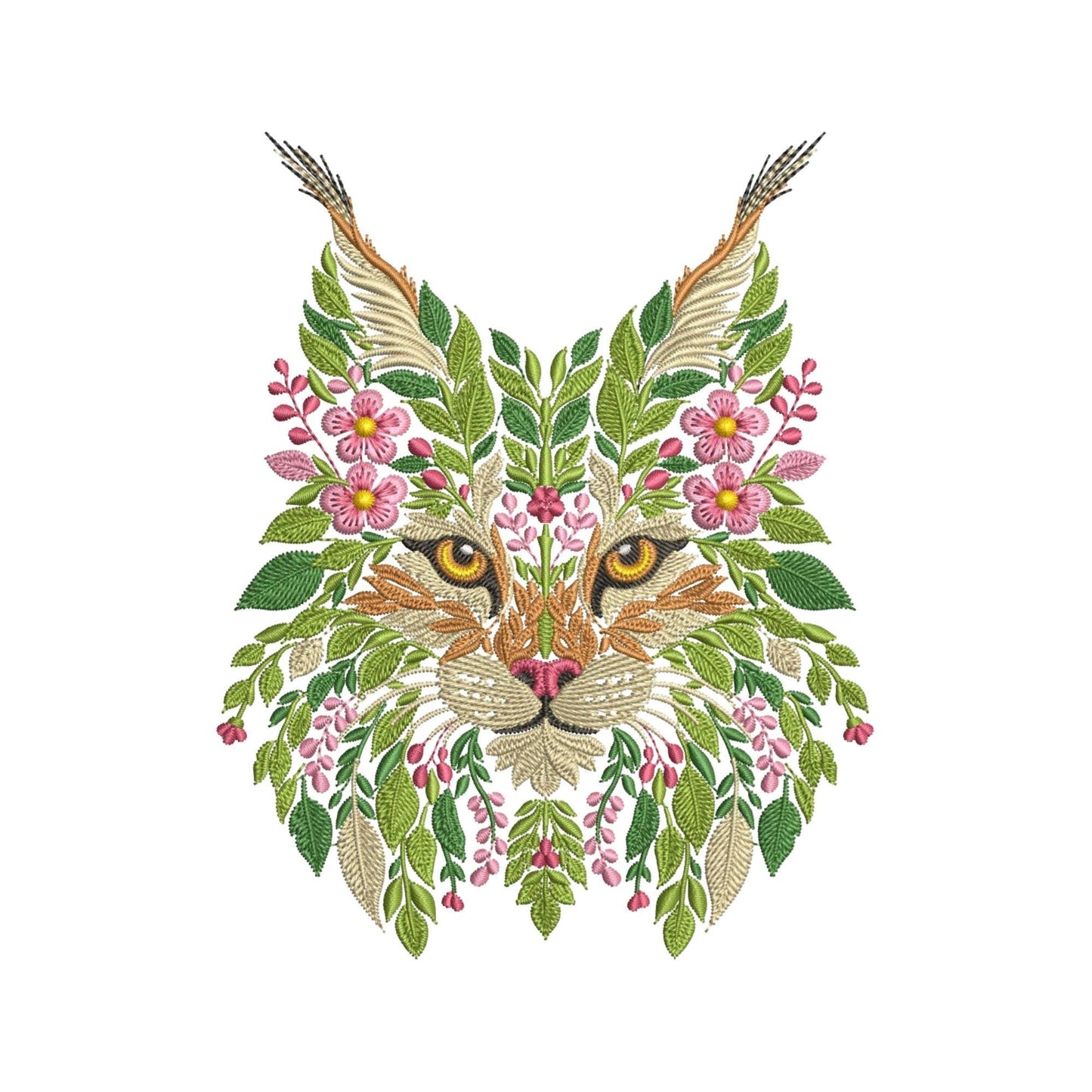 Floral Lynx Embroidery Design, Wild Big Cat Embroidery, Nature-Inspired Lynx - Machine Embroidery Art, Lynx PES DST JEF Instant Digital File