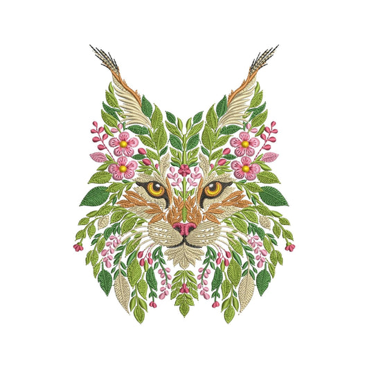 Floral Lynx Embroidery Design, Wild Big Cat Embroidery, Nature-Inspired Lynx - Machine Embroidery Art, Lynx PES DST JEF Instant Digital File