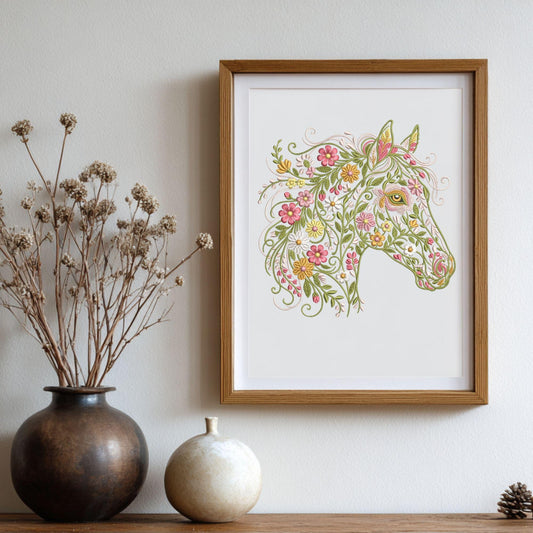 Floral Horse Embroidery Design, Flower Horse Machine Embroidery File, Animal Embroidery, Equestrian Gift Decor, Cottagecore Farm Embroidery