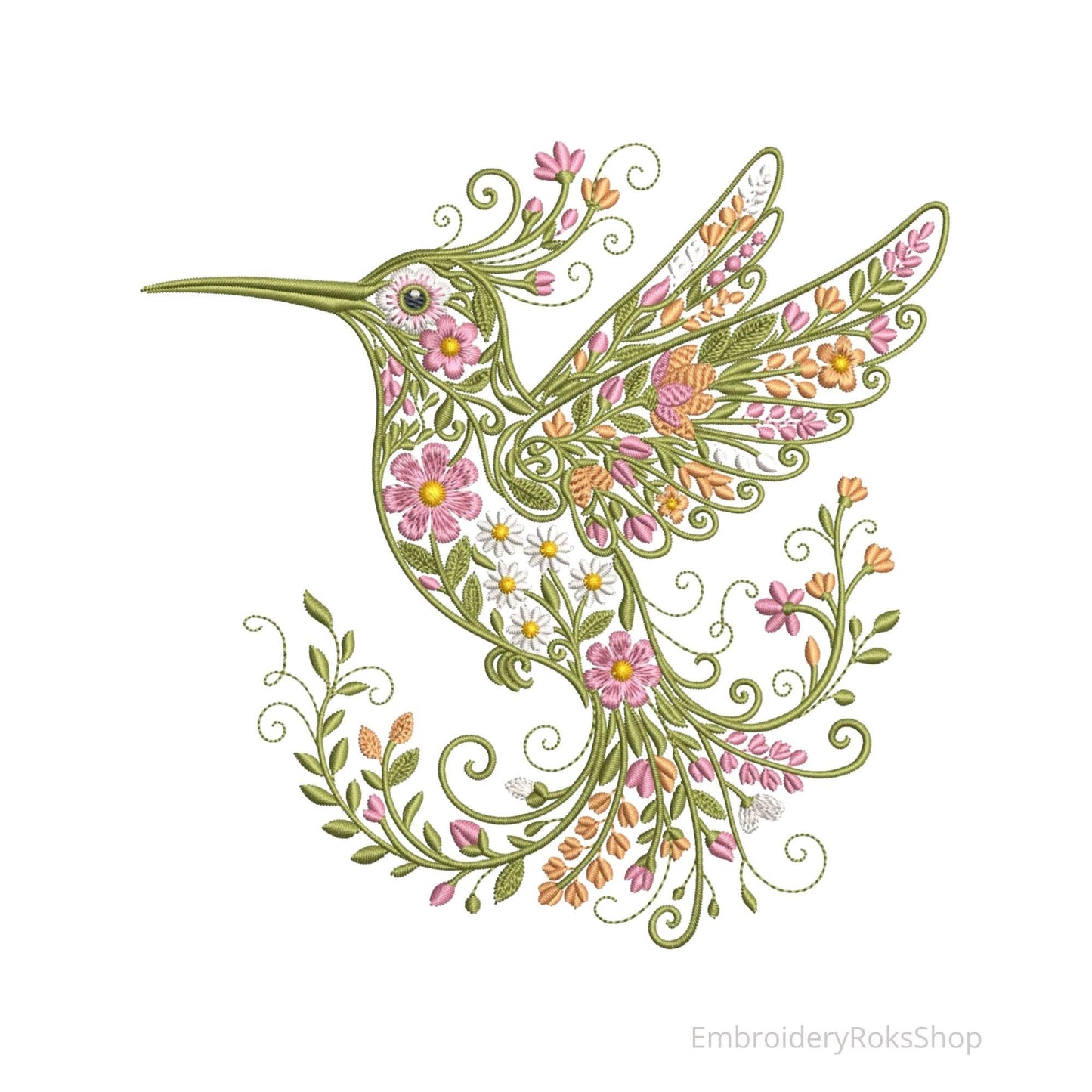 Floral Hummingbird Machine Embroidery Design, Pastel Flowers, Instant Download (4x4 Hoop)