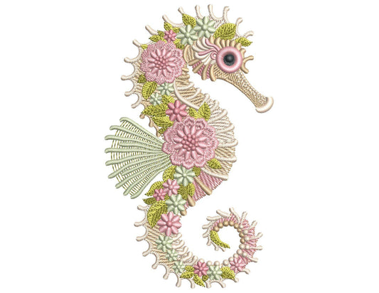 Floral Seahorse Embroidery Design, Ocean Machine Embroidery File, Nautical Sea Horse Pattern PES DST JEF, Summer Beach Art Instant Download