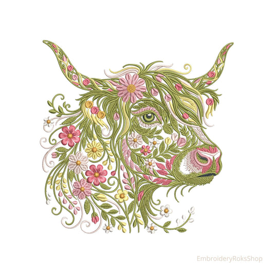 Floral Highland Cow Embroidery Design - Unique Highland Cow Machine Embroidery for Creative Projects, Instant Download PES DST 4x4 Hoop