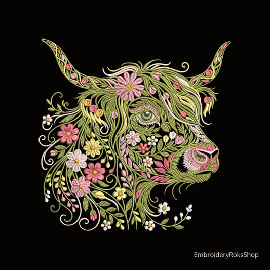 Floral Highland Cow Embroidery Design - Unique Highland Cow Machine Embroidery for Creative Projects, Instant Download PES DST 4x4 Hoop