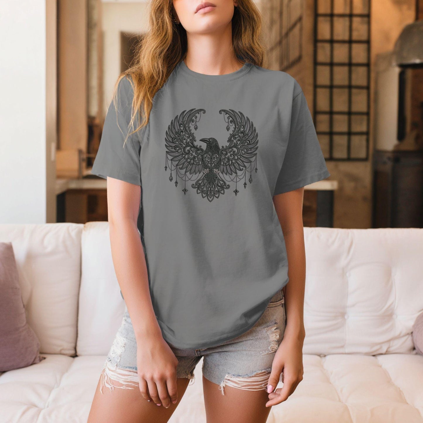 Gothic Baroque Raven Machine Embroidery Design - Intricate Black and Gold Raven Embroidery for Apparel, Home Decor and More, Bird Embroidery