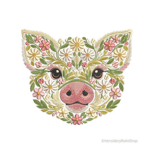 Floral Pig Machine Embroidery Design – Elegant Embroidery for Fabric, Home Décor & More, Сottagecore Embroidery, Farm Animal Embroidery PES