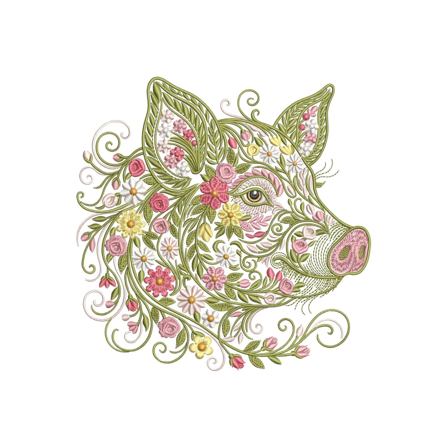 Floral Pig Embroidery Design: Boho Farm Animal Machine File (Instant Download)