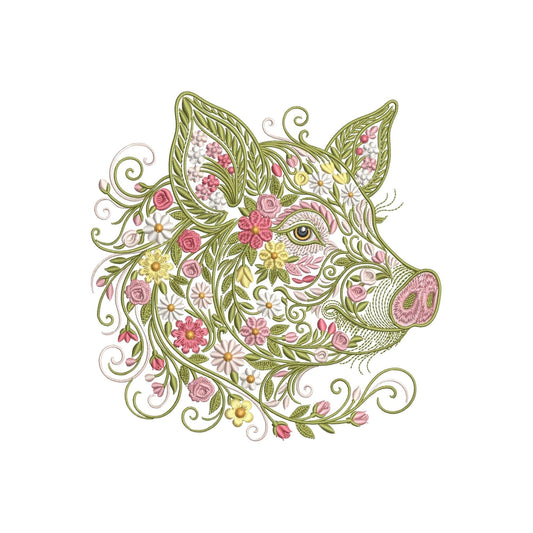 Floral Pig Embroidery Design: Boho Farm Animal Machine File (Instant Download)