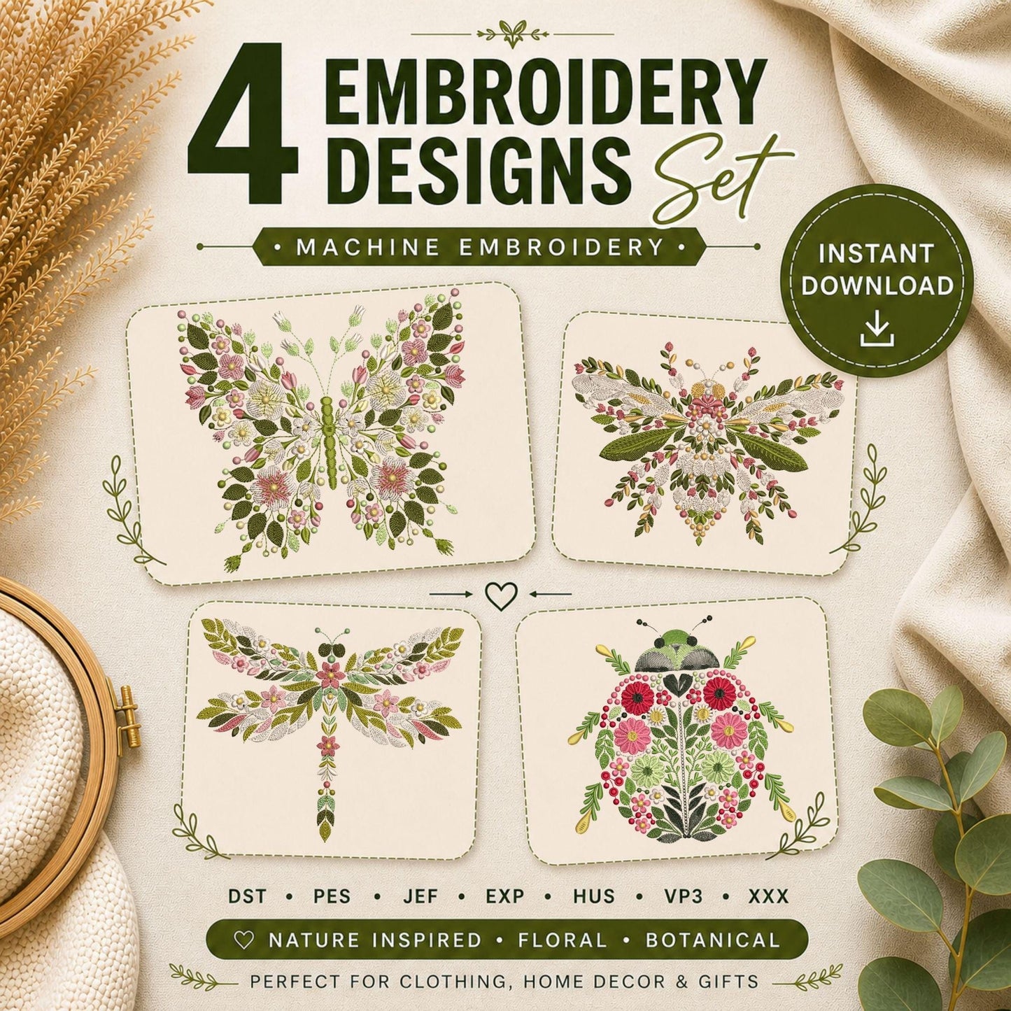 Butterfly Embroidery Design Floral, Insect Machine Embroidery File PES DST, Botanical Butterfly Pattern 4x4 Hoop Instant Download