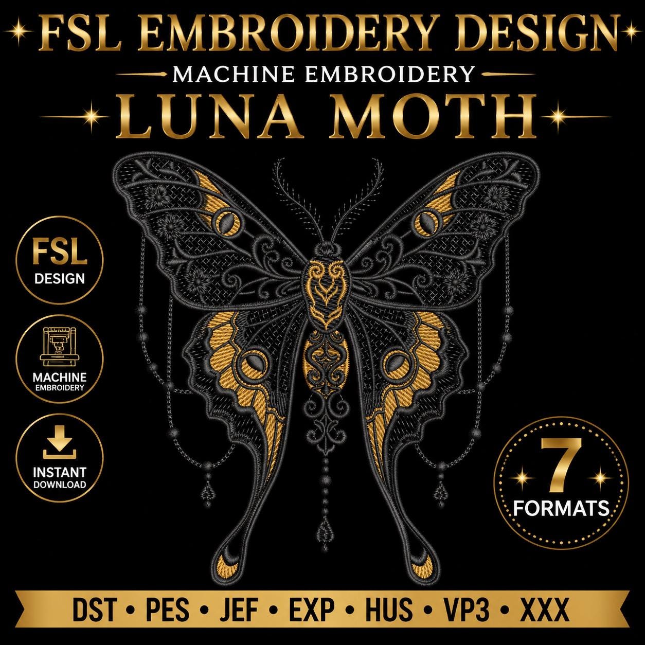Elegant Moon Moth FSL Embroidery Design - Delicate Lace Butterfly for Machine Embroidery - Instant Download!