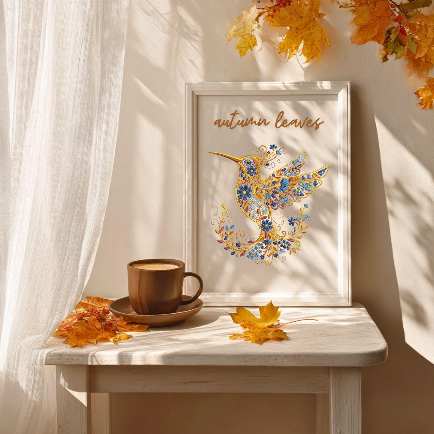 Autumn Hummingbird Machine Embroidery Design, Fall Season Embroidery, Floral Hummingbird Embroidery Perfect for Home Decor & Gifts