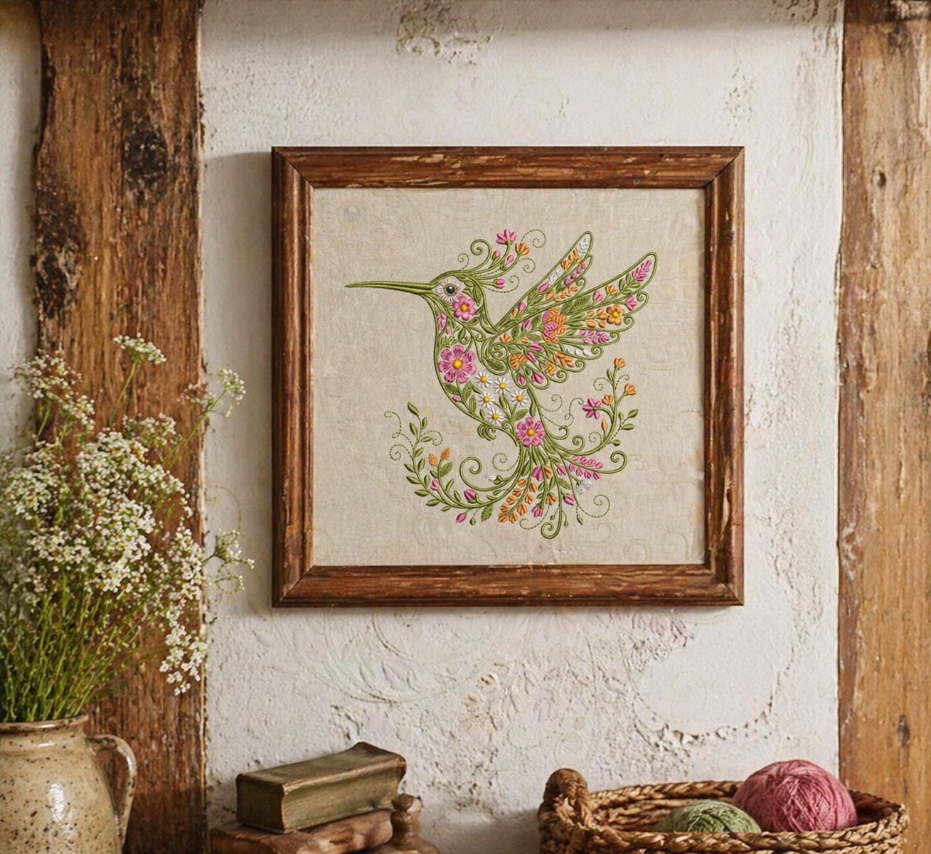 Floral Hummingbird Machine Embroidery Design, Pastel Flowers, Instant Download (4x4 Hoop)