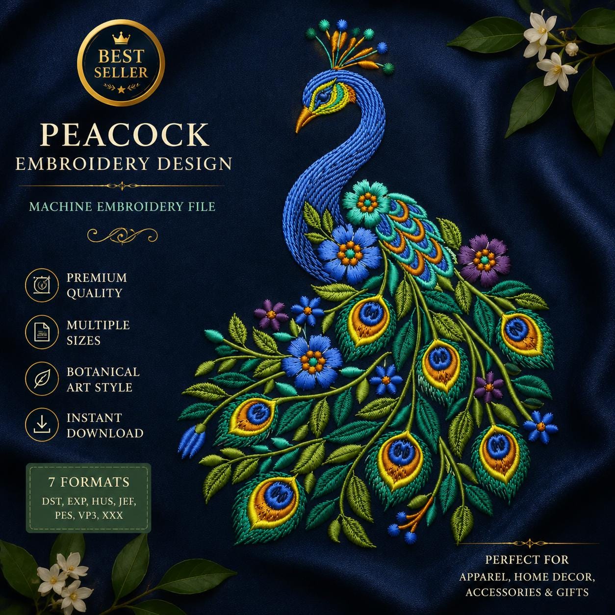 Botanical Peacock Machine Embroidery Design, Floral Art, Instant Download (PES, DST, JEF)