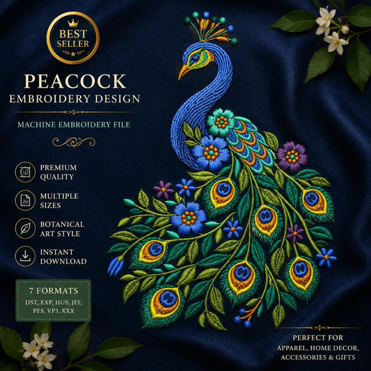 Botanical Peacock Machine Embroidery Design, Floral Art, Instant Download (PES, DST, JEF)