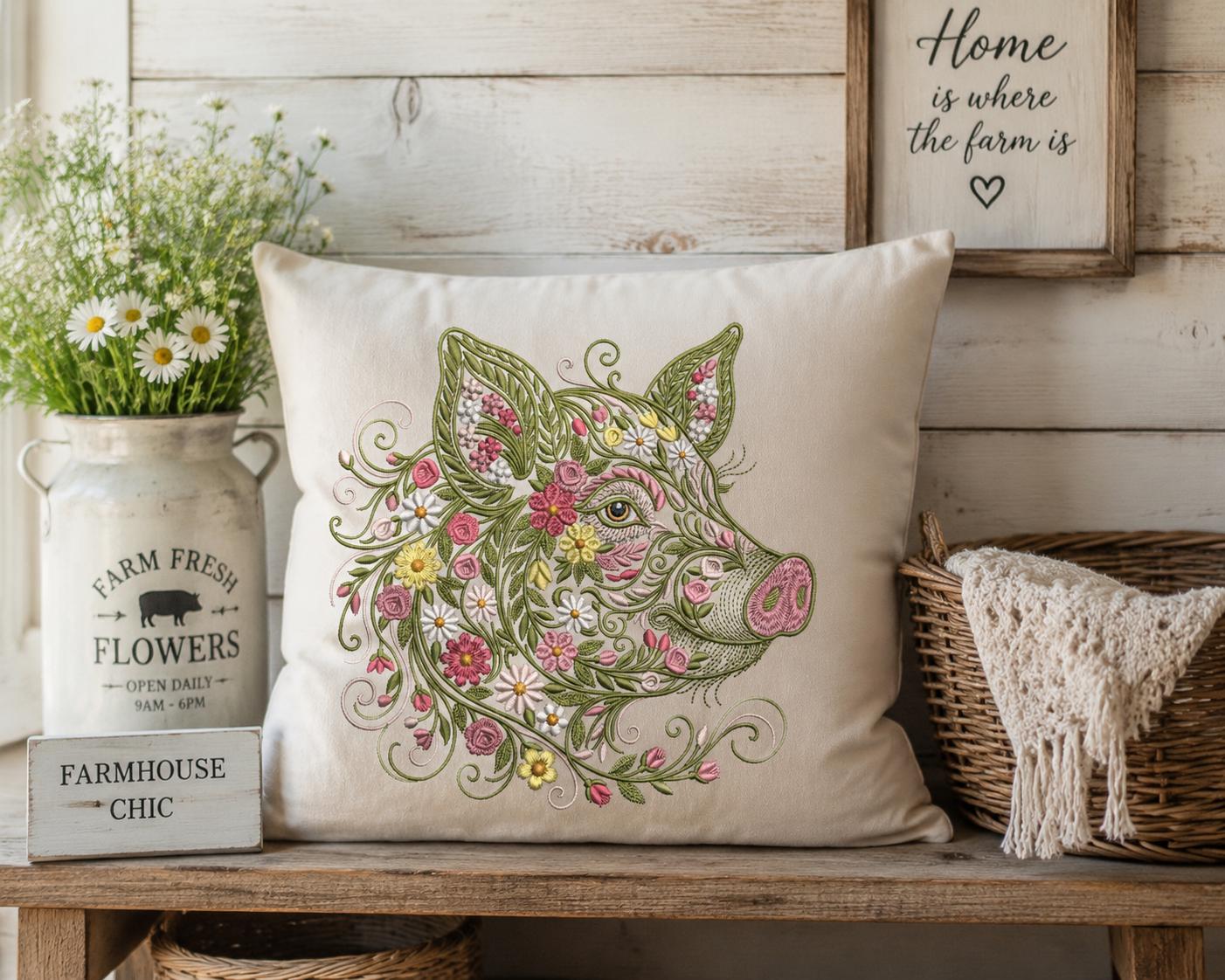 Floral Pig Embroidery Design: Boho Farm Animal Machine File (Instant Download)