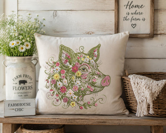 Floral Pig Embroidery Design: Boho Farm Animal Machine File (Instant Download)