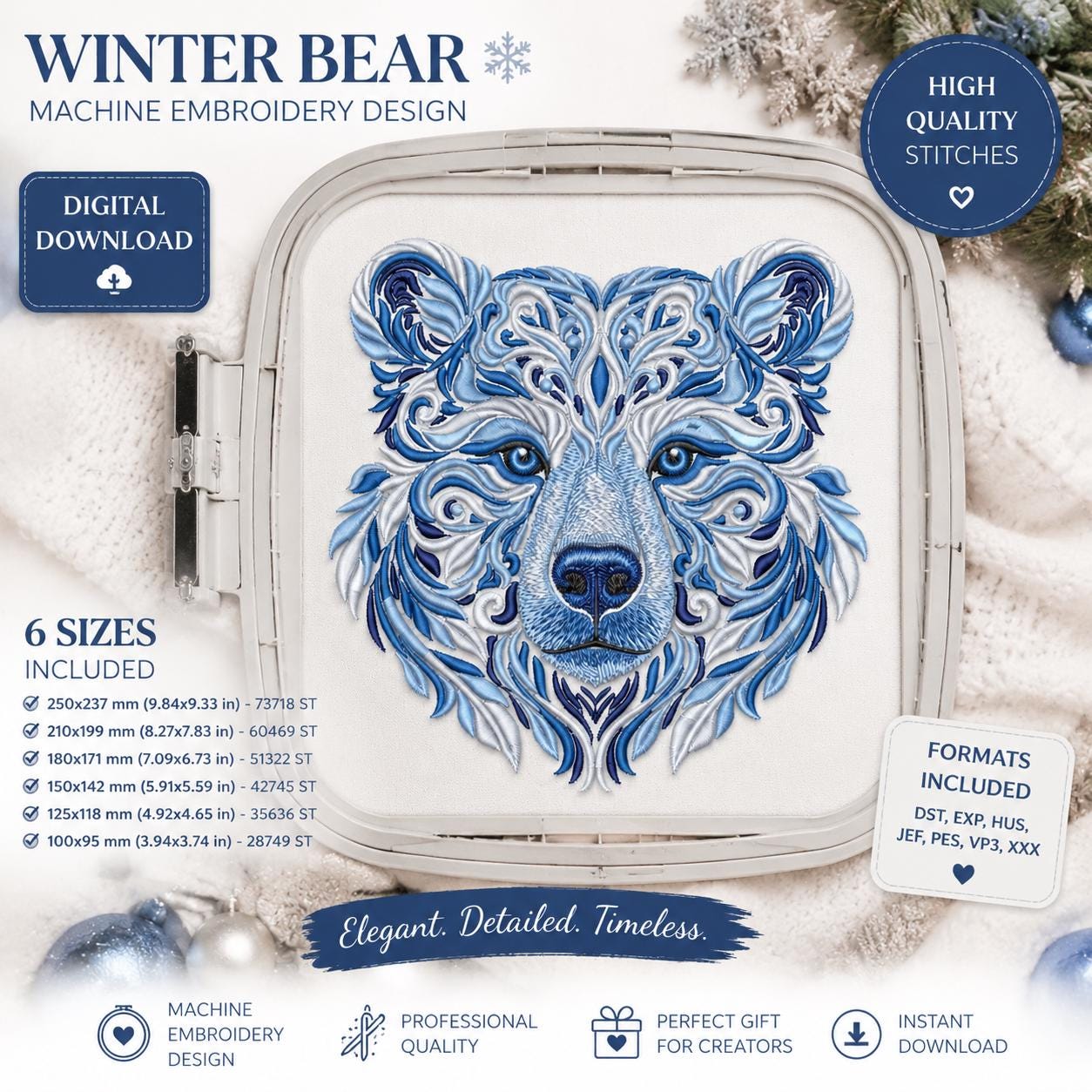 Winter Bear Embroidery Machine File, Wildlife-Inspired Design for Apparel, Home Decor, and Holiday Gift Projects, Bear Embroidery PES DST