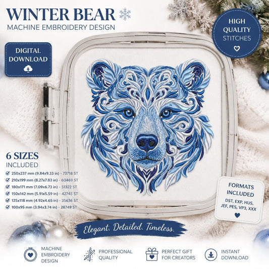 Winter Bear Embroidery Machine File, Wildlife-Inspired Design for Apparel, Home Decor, and Holiday Gift Projects, Bear Embroidery PES DST