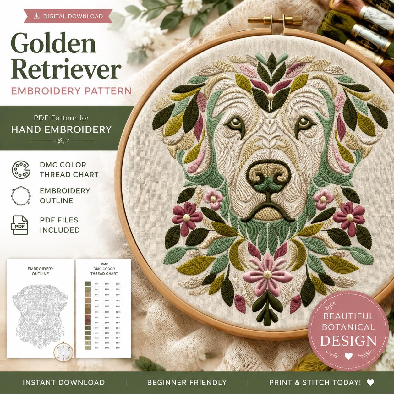 Golden Retriever Botanical Embroidery Pattern (PDF Download)