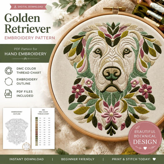 Golden Retriever Botanical Embroidery Pattern (PDF Download)